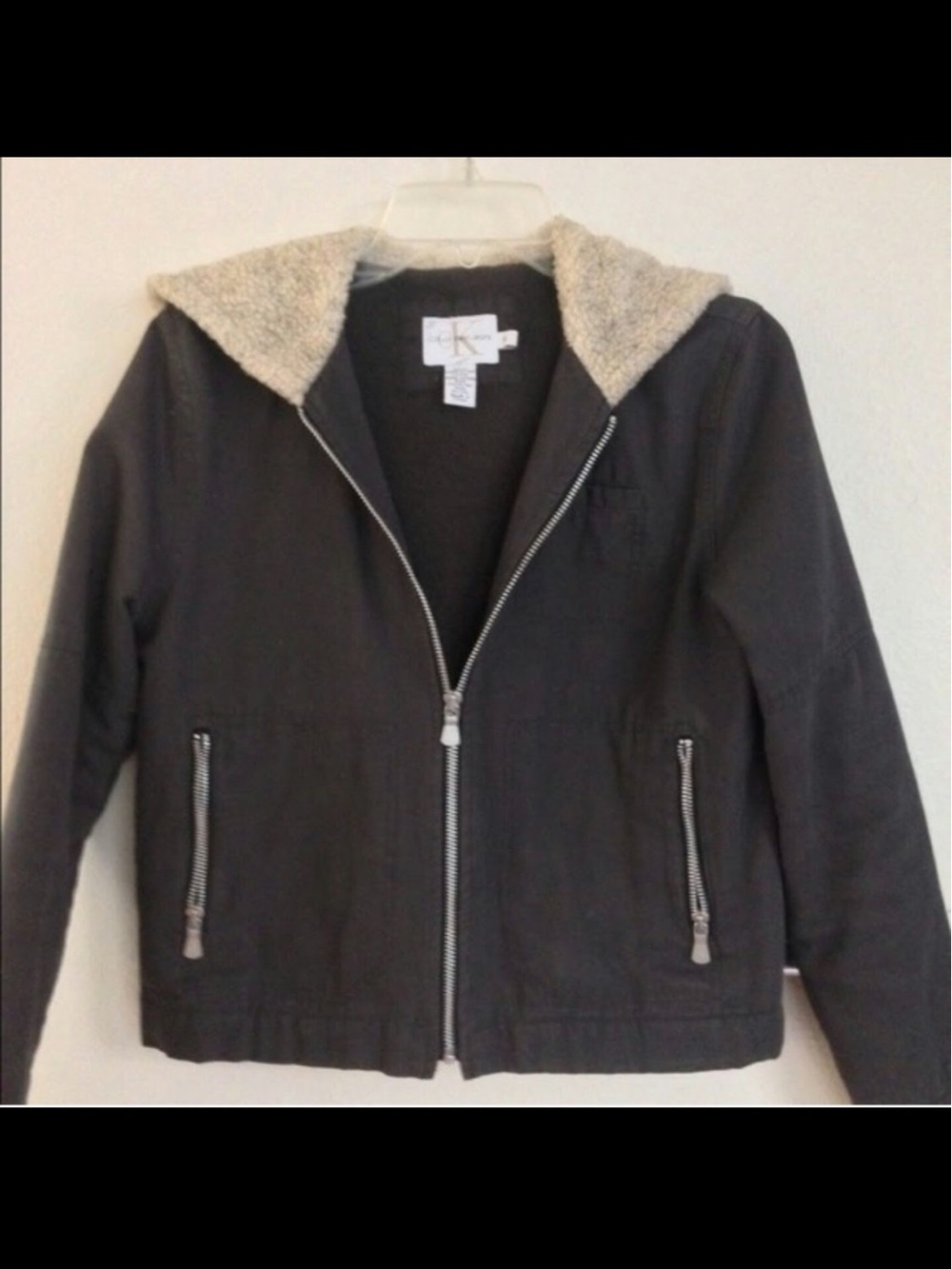 Calvin Klein Unisex Zip Front Utility Jacket with Cream Sherpa Hood~S/M